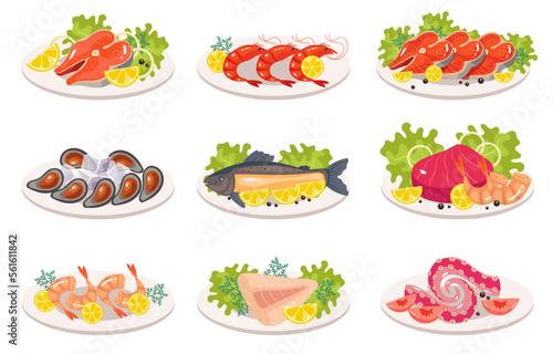 Fish seafood salmon, shrimp, oysters, tuna, tilapia, octopus, squid, tentacles dish meal isolated set. Cooking ingredient restaurant menu concept. Vector cartoon graphic design element illustration