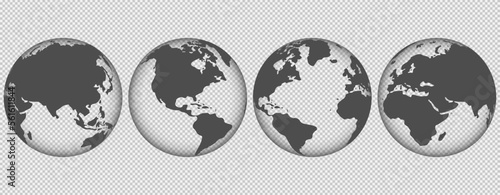 Set of transparent globes of Earth. Realistic world map in globe shape. Vector illustration.