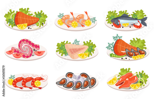 Fish seafood salmon, shrimp, oysters, tuna, tilapia, octopus, squid, tentacles dish meal isolated set. Cooking ingredient restaurant menu concept. Vector cartoon graphic design element illustration