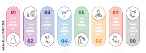 people infographic element with outline icons and 8 step or option. people icons such as bride dress, hide and seek, man jumping, man playing a flute, open present box, tumb up business man,