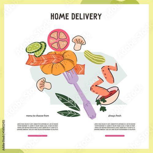 Takeaway and ready meals home delivery banner or poster template. Ready meals service banner for web and social networks  hand drawn flat vector illustration.