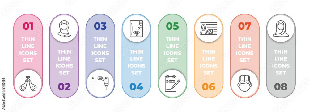 other infographic element with outline icons and 8 step or option. other icons such as nail trimmer, muslim woman with hijab, tattoo hine, smart wallet, paper list and a pencil, paragraph aa, self other infographic element with outline icons and 8 step or option. other icons such as nail trimmer, muslim woman with hijab, tattoo hine, smart wallet, paper list and a pencil, paragraph aa, self
