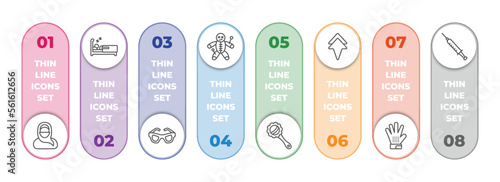 other infographic element with outline icons and 8 step or option. other icons such as arabian woman, sleepy, vintage eyeglasses, voodoo puppet, baby's rattle, arrowup, grooming glove, syrnge