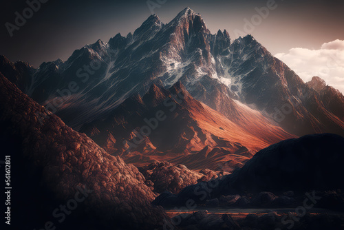 Mountain landscape, illustration of hills, glacier travel landscape, generative ai