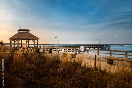 A winter view of sunset on the famous fishing pier in Jones beach, New York