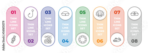 nautical infographic element with outline icons and 8 step or option. nautical icons such as water resist watch, bait, water resist camera, prawn facing left, big float, big shell, ferry facing