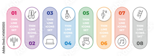 music and media infographic element with outline icons and 8 step or option. music and media icons such as diapason, metronome, half rest, violoncello, bagpipes, octave clef, flat, thirty second