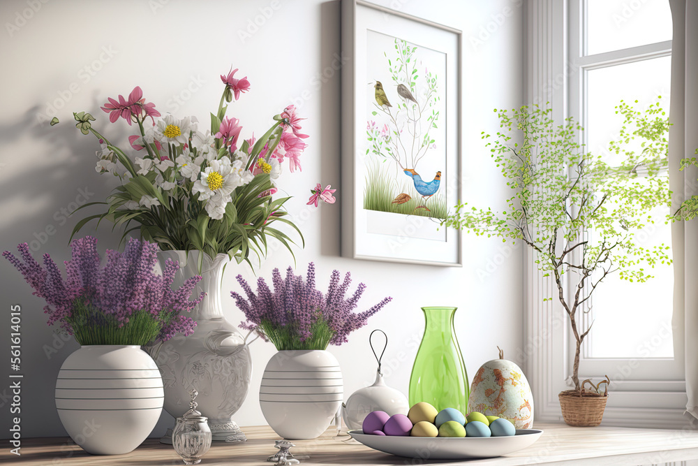 Easter themed interior of a home. Easter eggs and spring flowers in vases both appear against a white background. Generative AI