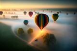 plein de montgolfières s'envolent au dessus d'une campagne avec un léger brouillard le matin à l'occasion d'un festival - illustration généré par IA