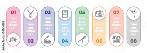 miscellaneous infographic element with outline icons and 8 step or option. miscellaneous icons such as wringer, army dog tag, puncher, evaluate, spears, camera front, scrapbook, muay thai vector. photo