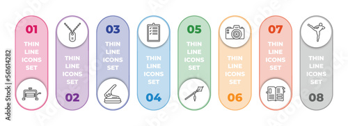 miscellaneous infographic element with outline icons and 8 step or option. miscellaneous icons such as wringer, army dog tag, puncher, evaluate, spears, camera front, scrapbook, muay thai vector.