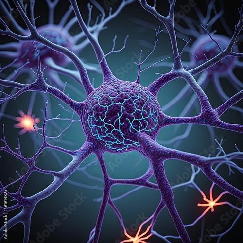 Neuron cells in human brain. Concept of technology and consciousness. Generative AI.