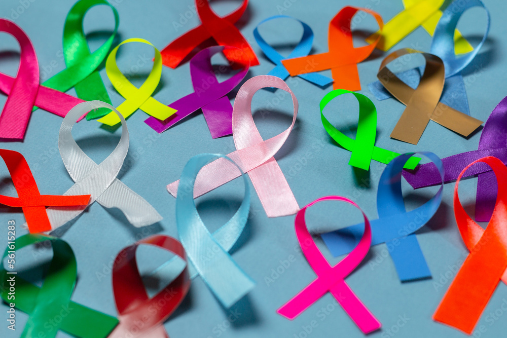 Fototapeta premium World Cancer Day. Colorful ribbons, cancer awareness. International Agency for Research on Cancer