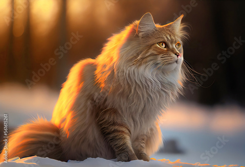 Portrait of a magnificent  Manx cat on snow made with Generative AI
