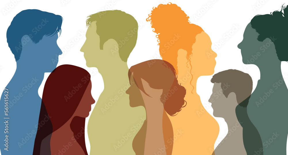 Diversity in multi-ethnic and multiracial people. Crowd of men women and girl of diverse culture.