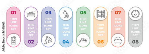 hotel and restaurant infographic element with outline icons and 8 step or option. hotel and restaurant icons such as cookbook, takoyaki, pizza, guest, room key, bunk, beds, go down vector.