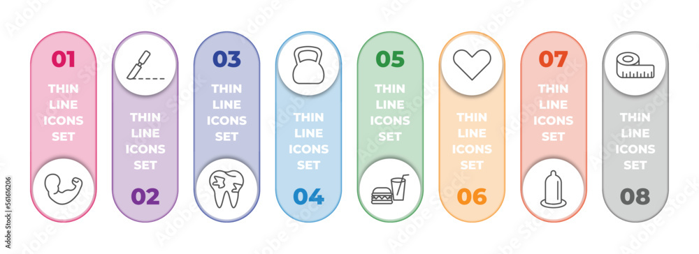 health and medical infographic element with outline icons and 8 step or option. health and medical icons such as arm, surgery, caries, kettlebell, fast food, heart, condom, measure tape vector. health and medical infographic element with outline icons and 8 step or option. health and medical icons such as arm, surgery, caries, kettlebell, fast food, heart, condom, measure tape vector.
