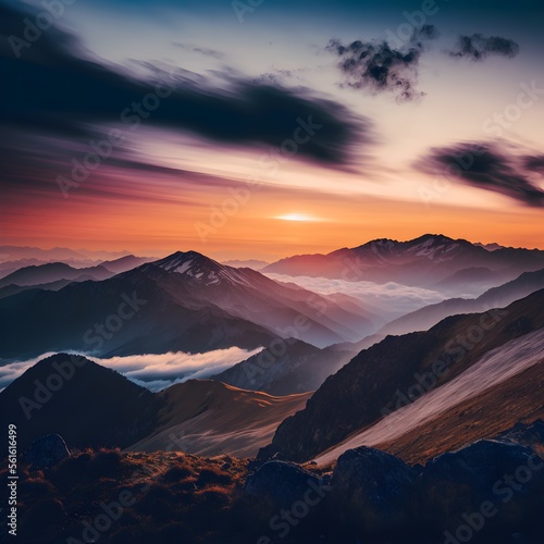 a high-resolution image of a mountainous landscape at dawn  with a focus on the misty clouds and the warm colors of the sunrise.