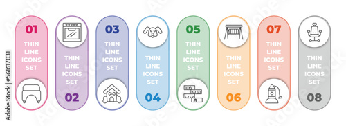 furniture & household infographic element with outline icons and 8 step or option. furniture & household icons such as hassock, oven, pet house, dog, shelf, porch swing, sump pump, office chair