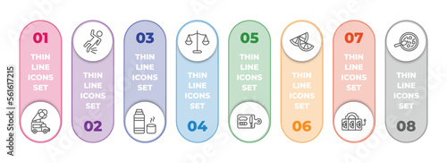 food infographic element with outline icons and 8 step or option. food icons such as ice cream truck, fallen, thermo flask, scale balanced tool, chop, lemon slice, slot, snow fungus soup vector.