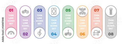 entertainment infographic element with outline icons and 8 step or option. entertainment icons such as speedometer, game controller, g clef, diamond ace, game, tic tac toe, cinema seat, hopscotch