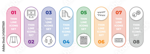 arcade collection. thin infographic element with outline icons and 8 step or option. arcade collection. thin icons such as swing, video editing, earphone, toboggan, bingo, festival, gold ticket,