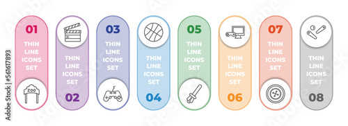 arcade infographic element with outline icons and 8 step or option. arcade icons such as zoo, clapboard, gamepad, dunk, lightsaber, pc game, roulette, pinball vector.