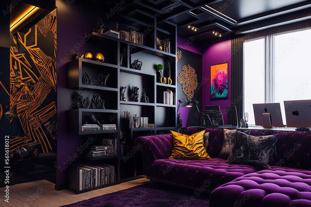 living room painted in purple and black. A vibrant emphasis is provided ...