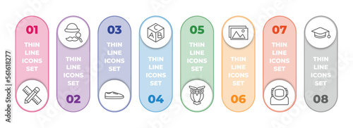 education infographic element with outline icons and 8 step or option. education icons such as school material, sherlock holmes, shoe, block with letters, owl, pictures, astronaut, scholar vector.