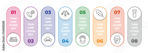 education infographic element with outline icons and 8 step or option. education icons such as books, photosynthesis, ufo, three musketeers, robinson crusoe, quill, long john silver, tube vector.