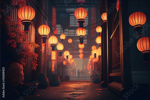 Street decorated with light and red lanterns for Chinese New Year.