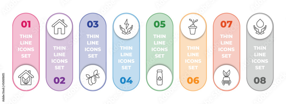 ecology infographic element with outline icons and 8 step or option. ecology icons such as eco house, green home, olives on a branch, green energy source, recycled bottle, eco plant, eco car, save ecology infographic element with outline icons and 8 step or option. ecology icons such as eco house, green home, olives on a branch, green energy source, recycled bottle, eco plant, eco car, save