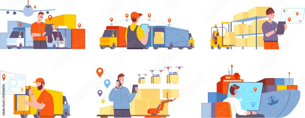 Global supply manager. Logistics chain management, international business shipping concept, goods delivery destination storage, cargo exportation types splendid vector illustration