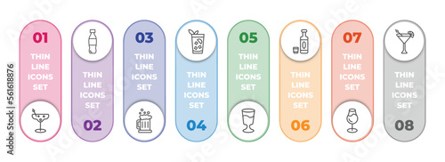 drinks infographic element with outline icons and 8 step or option. drinks icons such as last word drink, , beer mug, cuba libre, mind eraser drink, alcohol, glass with wine, martinez vector. photo