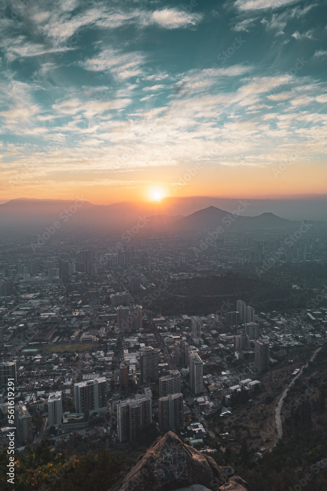 sunset over Santiago de Chile from a mountain