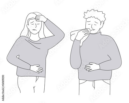 People get sick, sneeze. A woman and a man have migraines, colds, fever, runny nose. Vector art line graphics.