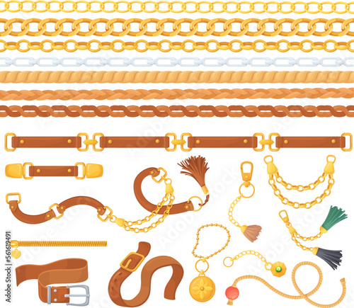 Leather belts and chains. Belt and chain ornament and braid fashion accessories, fabric design elements weave embroidery vintage fringe jewelry bracelet