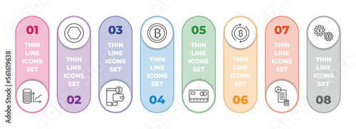 cryptocurrency infographic element with outline icons and 8 step or option. cryptocurrency icons such as budget diagram, node, digital wallet, bitcoins, card, currency circulate, budget accounting,