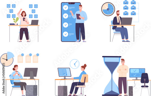 Organizing work efficiency. Successful organization effective work, organize tasks priority timing scheduling time email agenda office management goal, splendid vector illustration