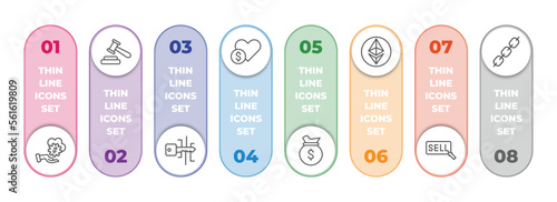 cryptocurrency infographic element with outline icons and 8 step or option. cryptocurrency icons such as fintech industry, auction hammer, digital key, donate, money bag, , sell, chains vector.