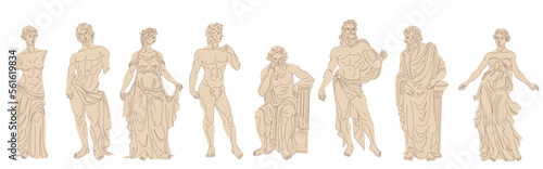 Marble greek sculptures. Statues of roman scholar or olympic god greece mythology, ancient monuments and female statue sculptural anatomy museum art ingenious vector illustration