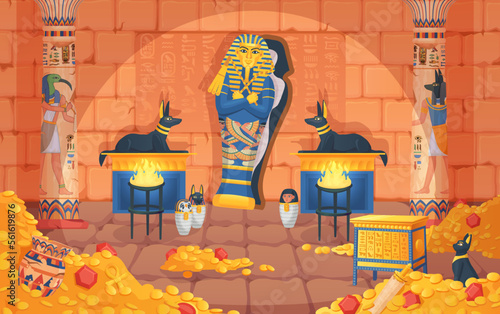 Egyptian tomb. Egypt tombs, underground palace inside pyramid in desert, pharaoh sarcophagus afterlife coffin, gold treasure chamber game background ingenious vector illustration