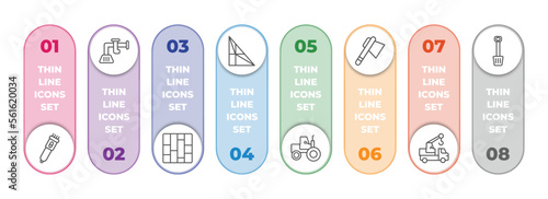 construction infographic element with outline icons and 8 step or option. construction icons such as clippers, adjusment system, paving, joist, steamroller, inclined ax, truck with crane, inclined