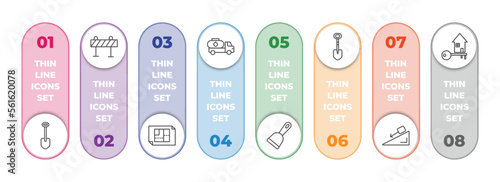 construction infographic element with outline icons and 8 step or option. construction icons such as big shovel, road barrier, house plan, fuel truck, scraper, interior de, inclined, home key