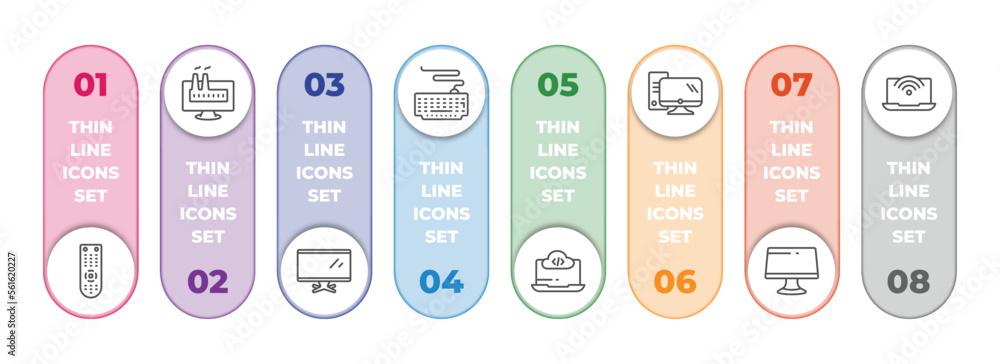 computer infographic element with outline icons and 8 step or option. computer icons such as tv remote, industrial, tv screen, keyboard with cable, computing code, pc with monitor, computers, wi fi computer infographic element with outline icons and 8 step or option. computer icons such as tv remote, industrial, tv screen, keyboard with cable, computing code, pc with monitor, computers, wi fi