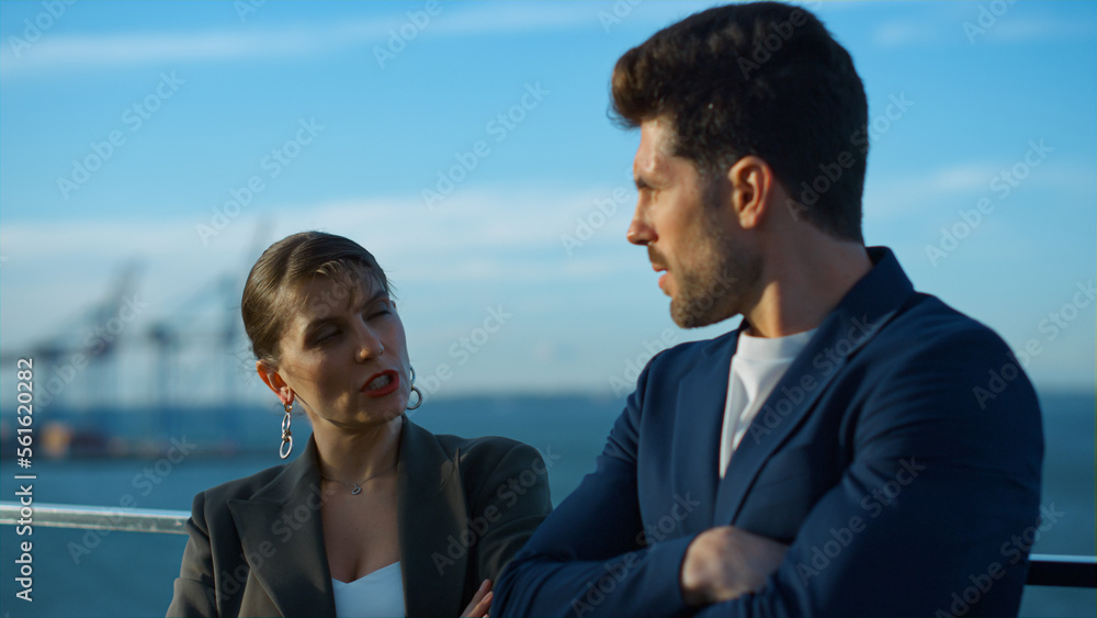 Business people talk outdoors in golden sunlight closeup. Successful team rest Business people talk outdoors in golden sunlight closeup. Successful team rest