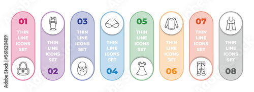 clothes infographic element with outline icons and 8 step or option. clothes icons such as hobo bag, jersey wrap dress, bucket bag, cat eye glasses, chiffon dress, long sleeves t shirt, boyfriend