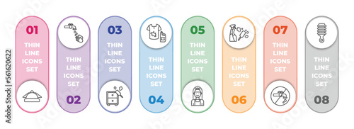 cleaning infographic element with outline icons and 8 step or option. cleaning icons such as serviette, hands cleanin, dusting, stain remover, charwoman, cleaning tools, no water cleanin, suspension