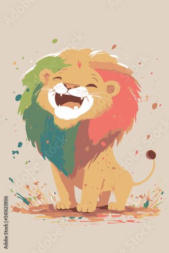 Cartoon lion. Hand drawn vector artwork. Cute cheerful happy lion cub. Wildlife safari character. Symbol of africa. Happy child feline. Simple poster or card for kids anniversary. Young adorable king