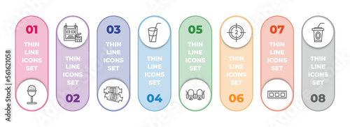cinema infographic element with outline icons and 8 step or option. cinema icons such as studio mic, film poster, theater ticket, drink with straw, cinema seats, film counter, film negatives, papper